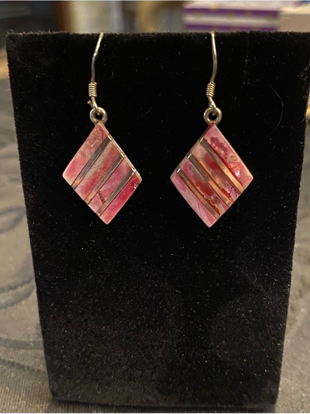 Sterling Silver Pink Shell Inlay Diamond Drop Shape Earrings - Women's